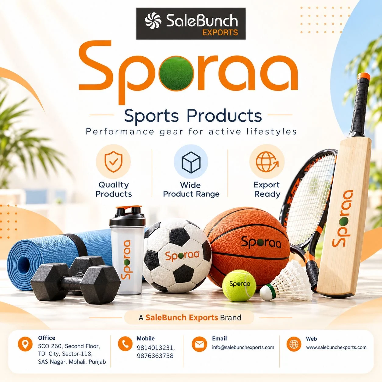 Sporaa sports products including balls, cricket bat and exercise equipment